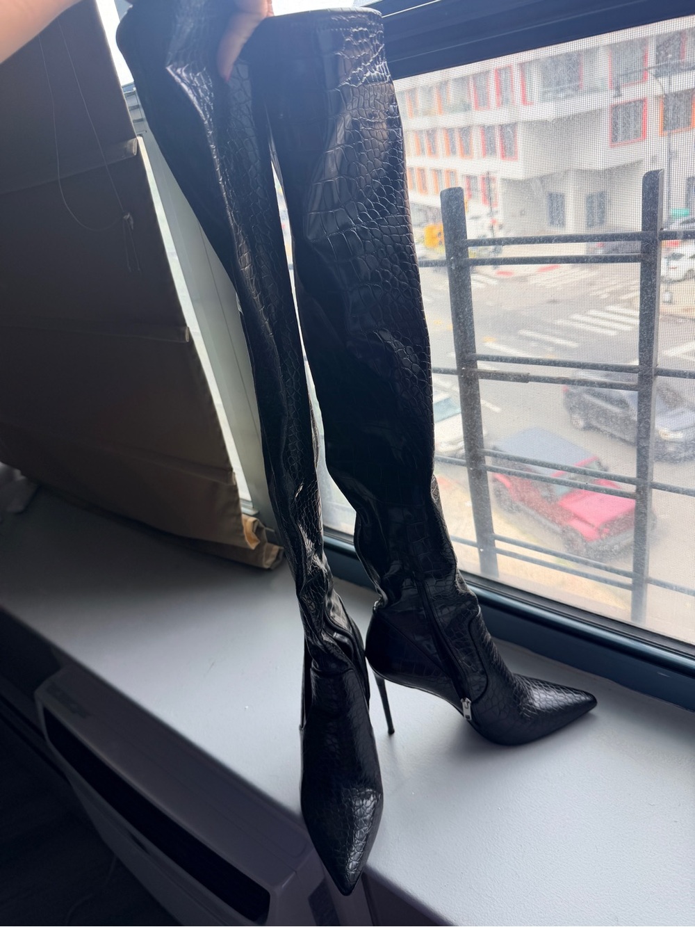 Steve Madden Black Croc-Embossed Over-the-Knee Stiletto Boots - Picture 2 of 2